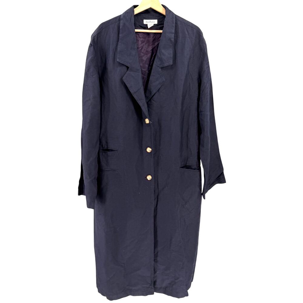 Vintage 90s Ann Taylor Navy Linen Rayon Blend Maxi Duster Coat